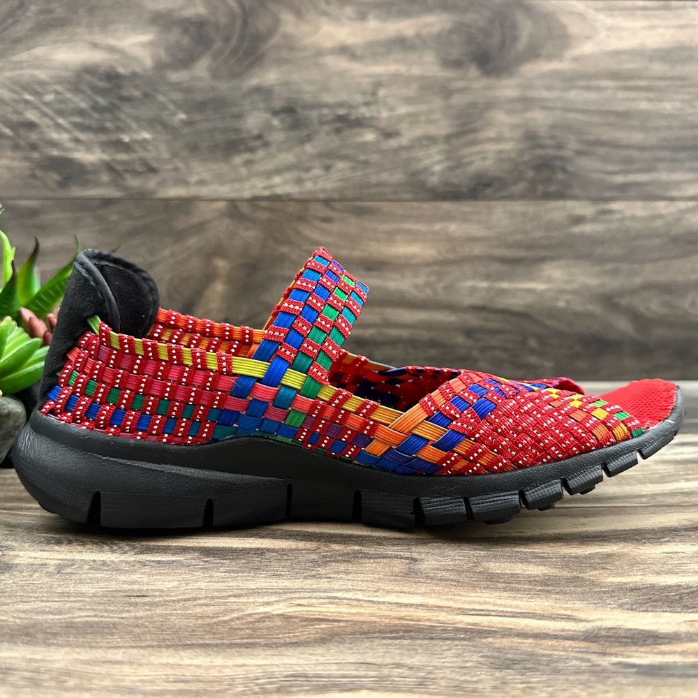 ❌SOLD❌NIB Bernie Mev 39 8 Red Multi Open Toe Woven Stretchy Mary Jane Flats - Picture 6 of 11